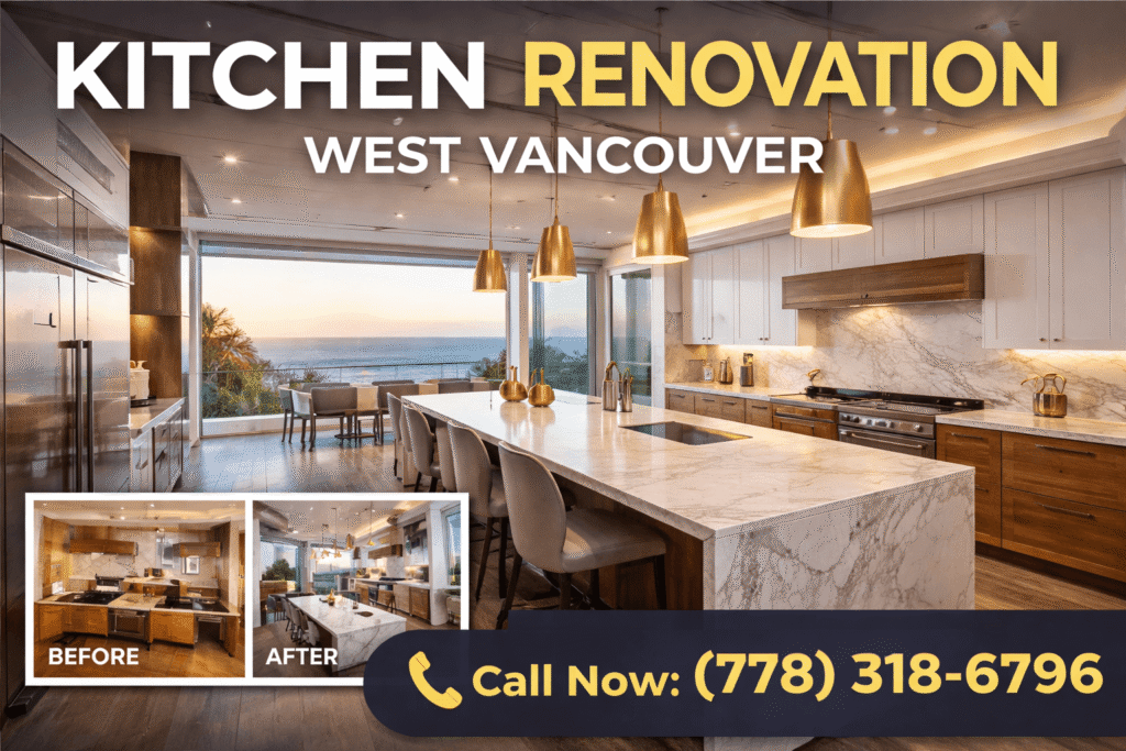 Luxury kitchen renovation in West Vancouver with marble island, modern cabinetry and ocean view