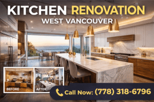 Luxury kitchen renovation in West Vancouver with marble island, modern cabinetry and ocean view
