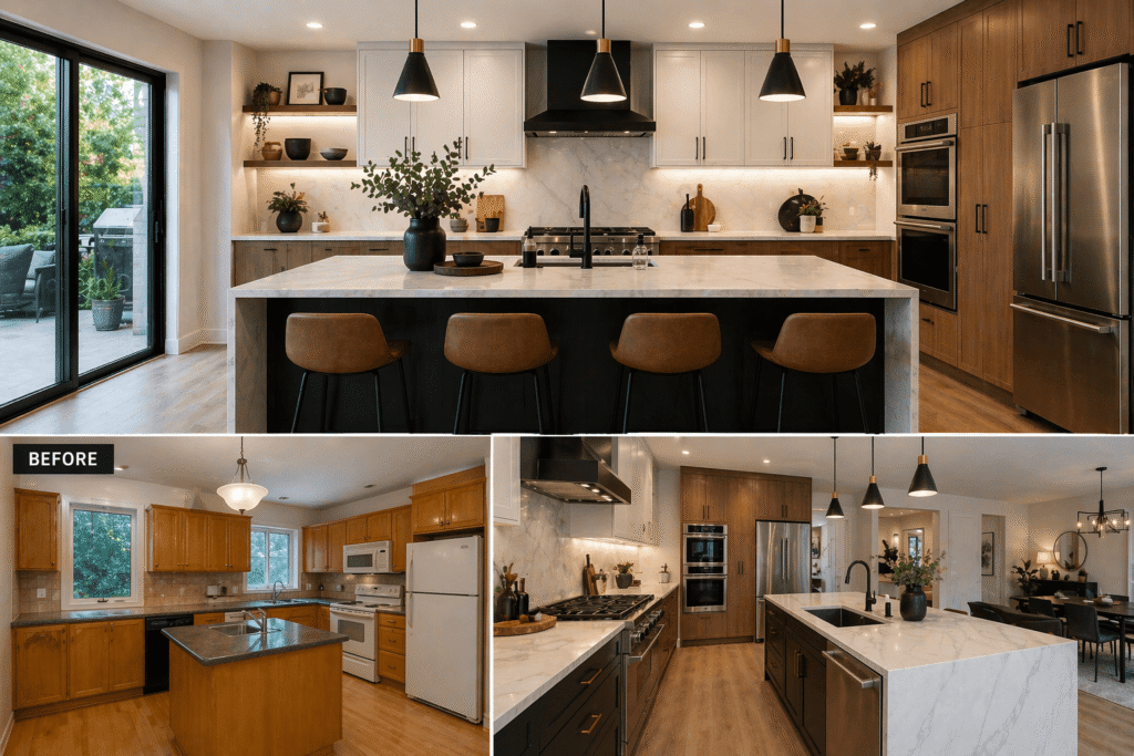 Modern kitchen remodeling in Vancouver with large island, custom cabinets and open concept design