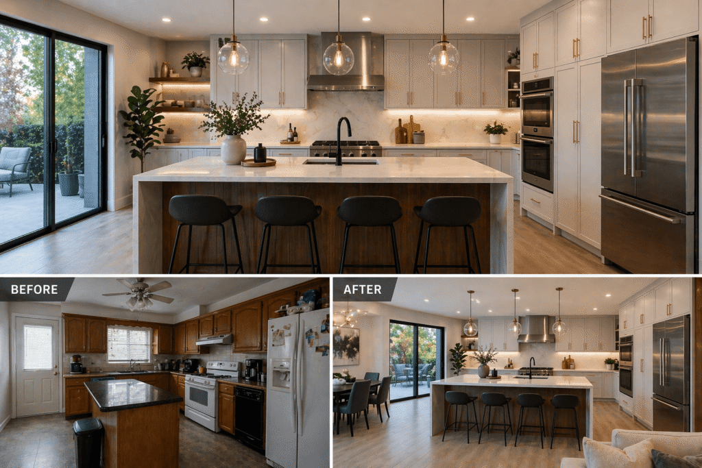 Before and after kitchen renovation Vancouver showing transformation from outdated kitchen to modern luxury interior