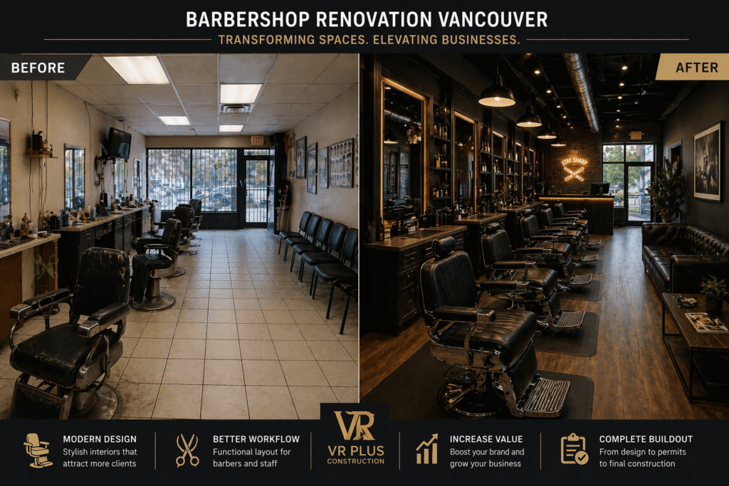 Before and after barbershop renovation in Vancouver showing transformation from outdated barber shop to modern luxury interior with custom stations and waiting area