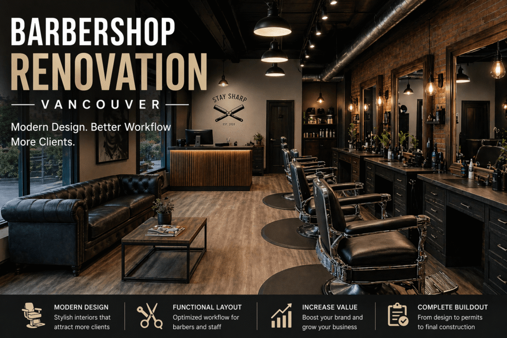 Barbershop renovation Vancouver with modern barber chairs, custom stations, waiting area and luxury industrial interior design
