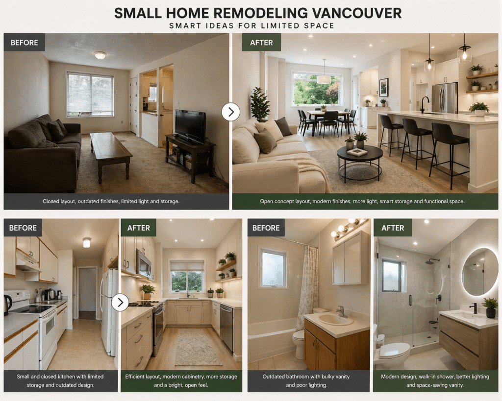 Small home remodeling Vancouver before and after showing transformation from cramped space to modern open concept design
