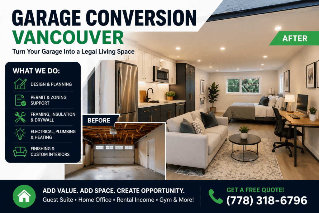 Garage conversion Vancouver before and after image showing garage transformed into legal living space with bedroom, office and kitchenette design