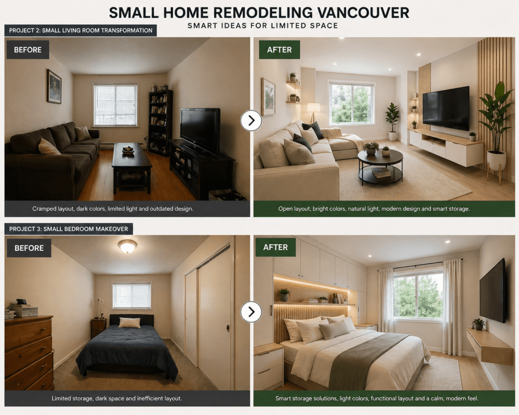 Small Home Remodeling Vancouver: Smart Ideas for Limited Space 2 Before and after small house renovation Vancouver with improved layout, lighting and smart storage solutions