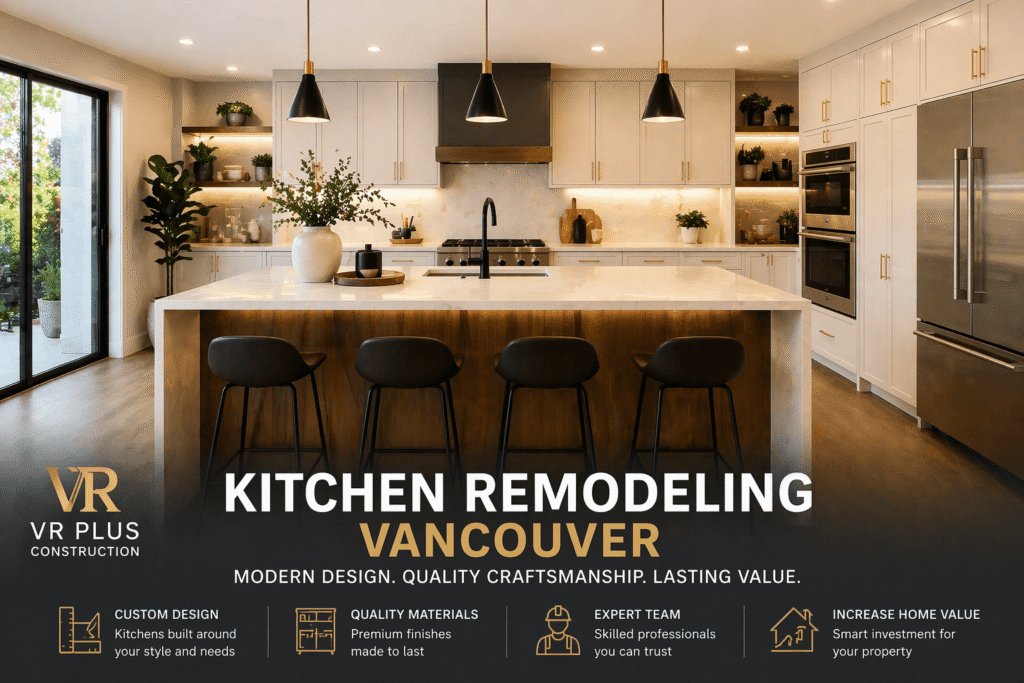Kitchen remodeling Vancouver with modern design, large island, custom cabinets and luxury interior