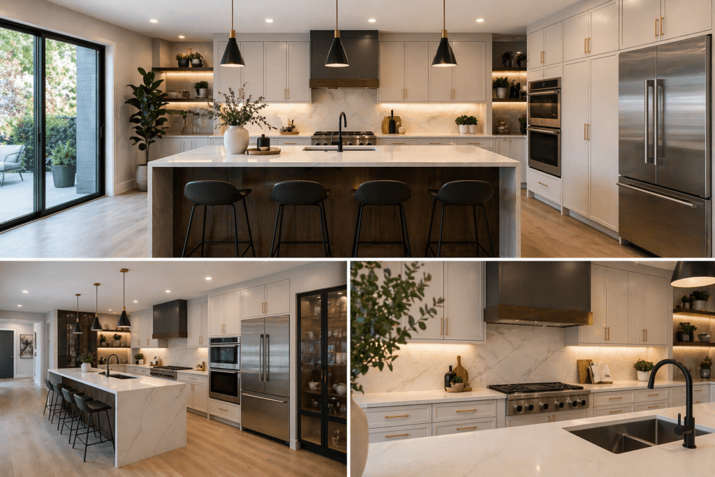 Luxury kitchen remodel Vancouver with quartz countertops, modern lighting and high end cabinetry